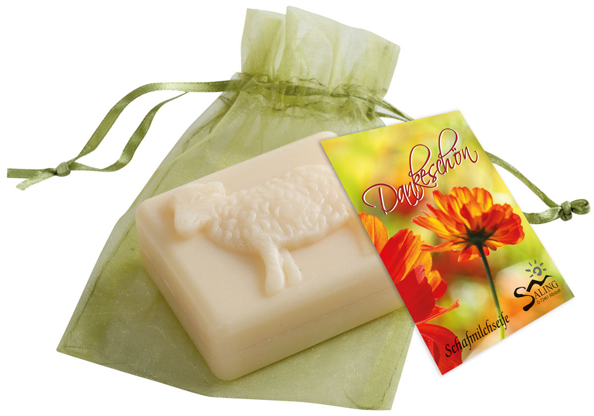 Saling Schafmilchseife Dankeschön im grünen Organzasäckchen Seife Lamm eckig 95 g - die Naturcosmetic