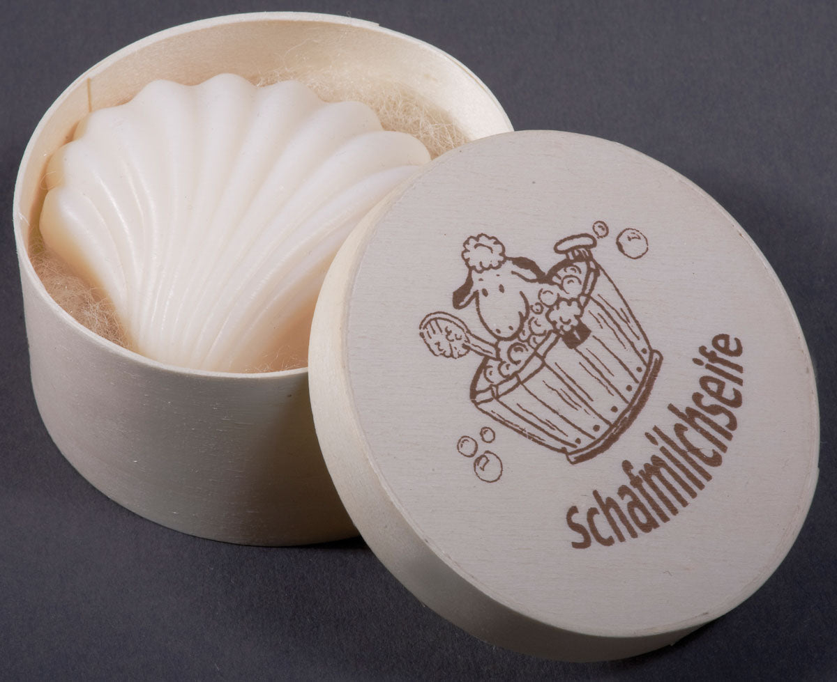 Saling Holzdose eckig mit Schafmilchseife Muschel 80 g - die Naturcosmetic