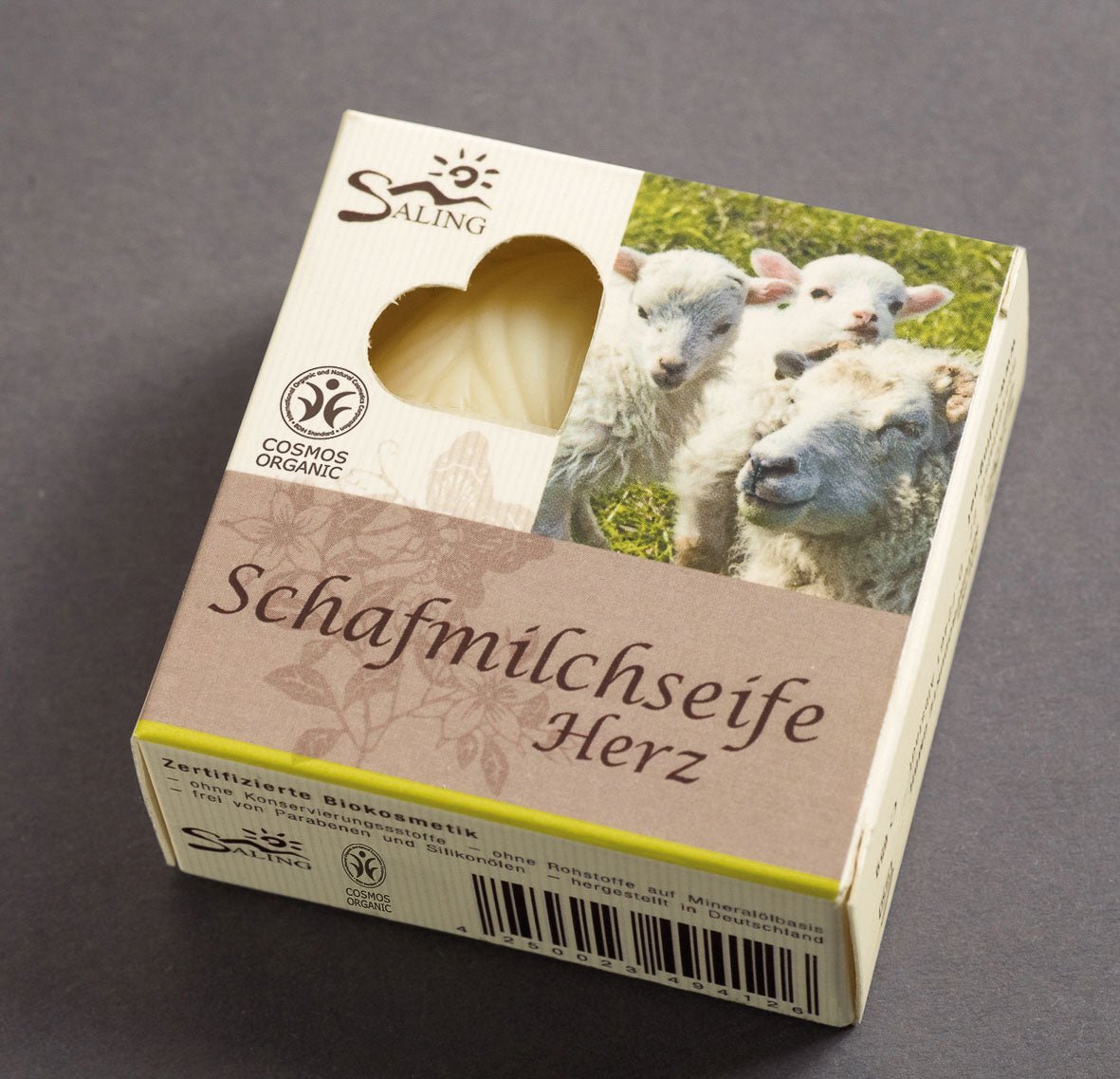Saling Schafmilchseife Herz in dekorativer Faltschachtel mit Sichtfenster 65 g - Saling