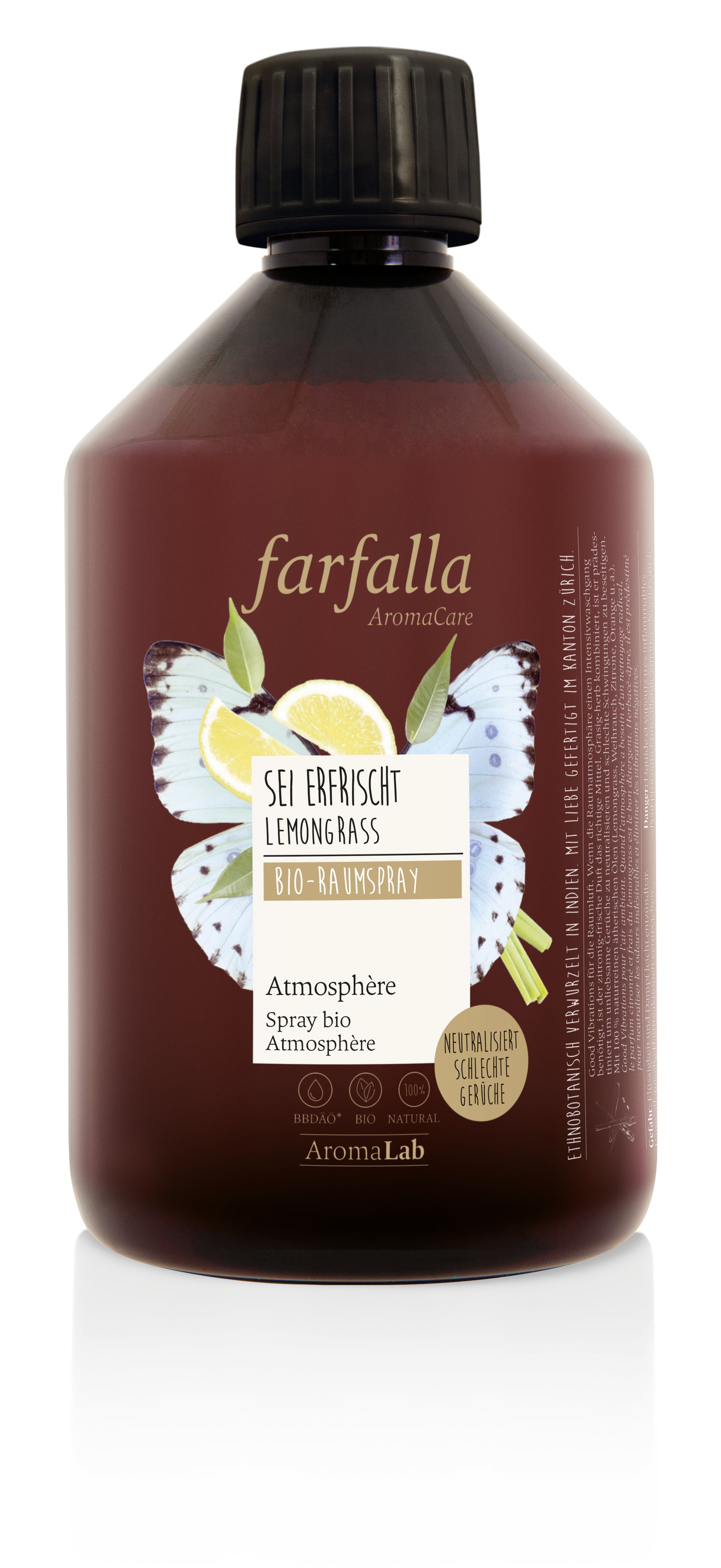 Farfalla – Nachfüllflasche Sei erfrischt, Lemongrass, Bio-Raumspray Atmosphère, 500 ml