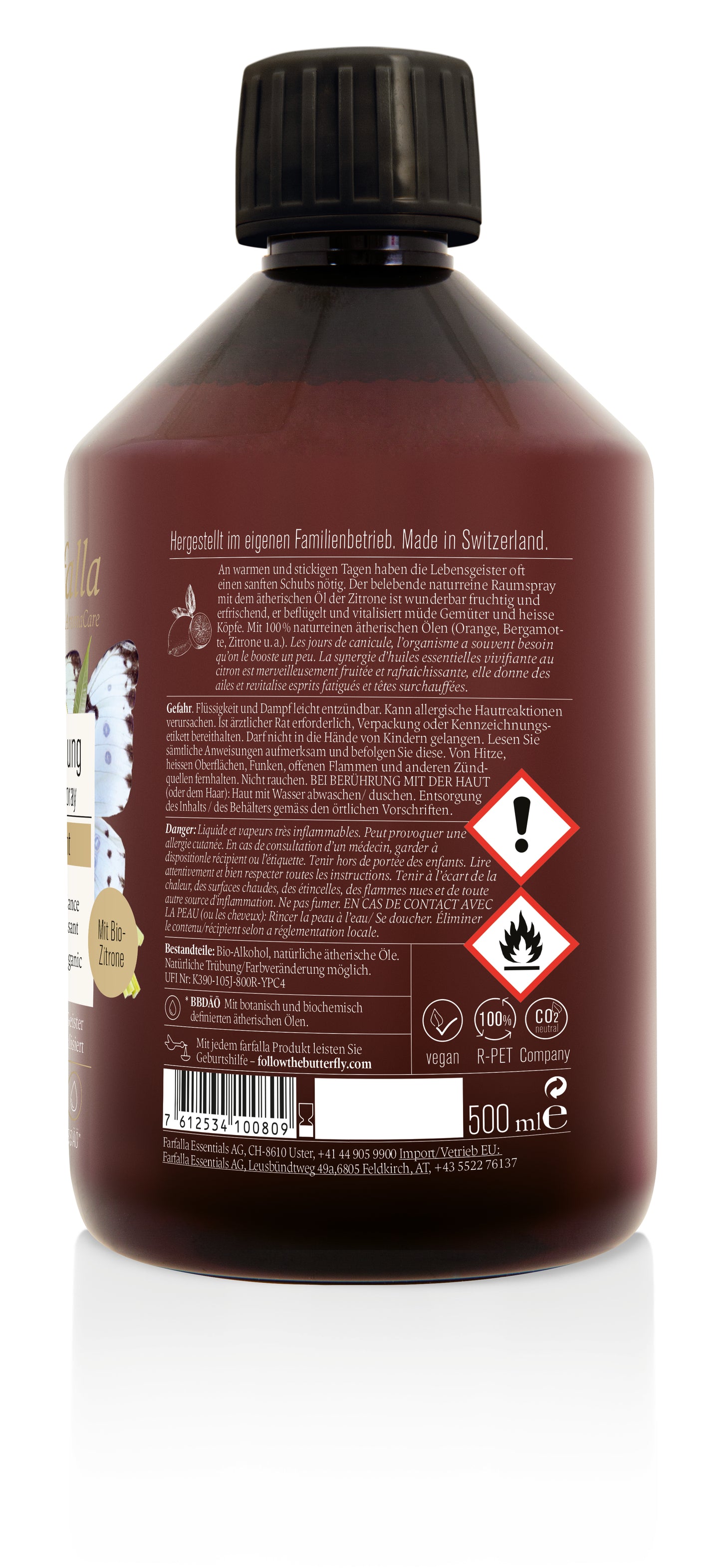 Farfalla – Nachfüllflasche Sei erfrischt, Zitrone, Bio-Raumspray Erfrischend, 500 ml