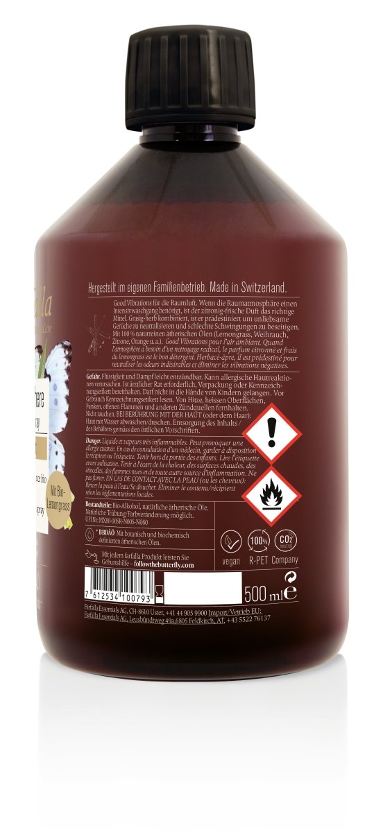 Farfalla – Nachfüllflasche Sei erfrischt, Lemongrass, Bio-Raumspray Atmosphère, 500 ml - Farfalla