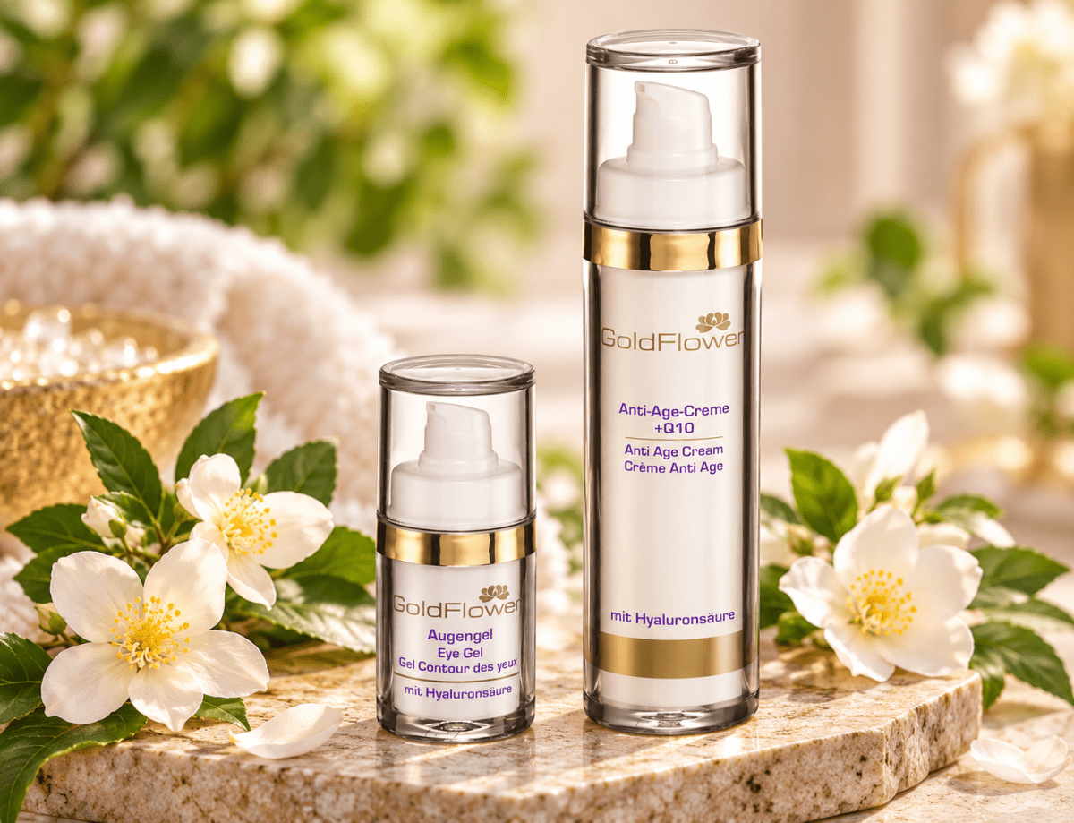 Set Goldflower Anti-Age-Creme + Q10, 50 ml + Goldflower Augengel 15 ml - die Naturcosmetic