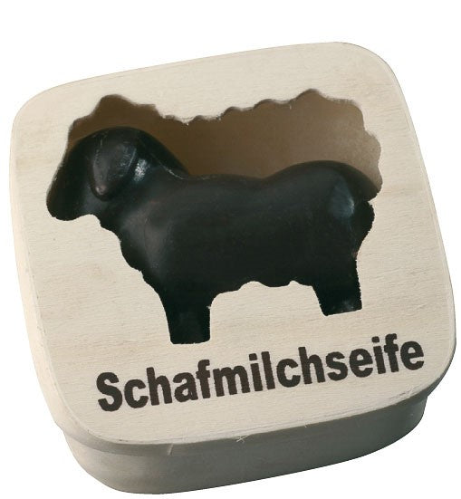 Saling Holzdose mit Schafmilchseife Schaf schwarz 85 g - die Naturcosmetic