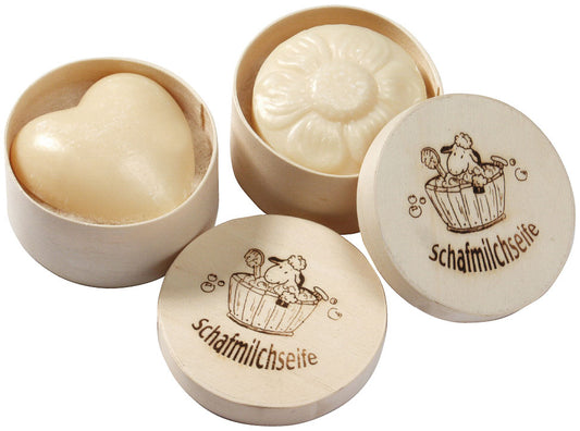 Saling Holzdose rund mit Schafmilchseife Blume 75 g - die Naturcosmetic