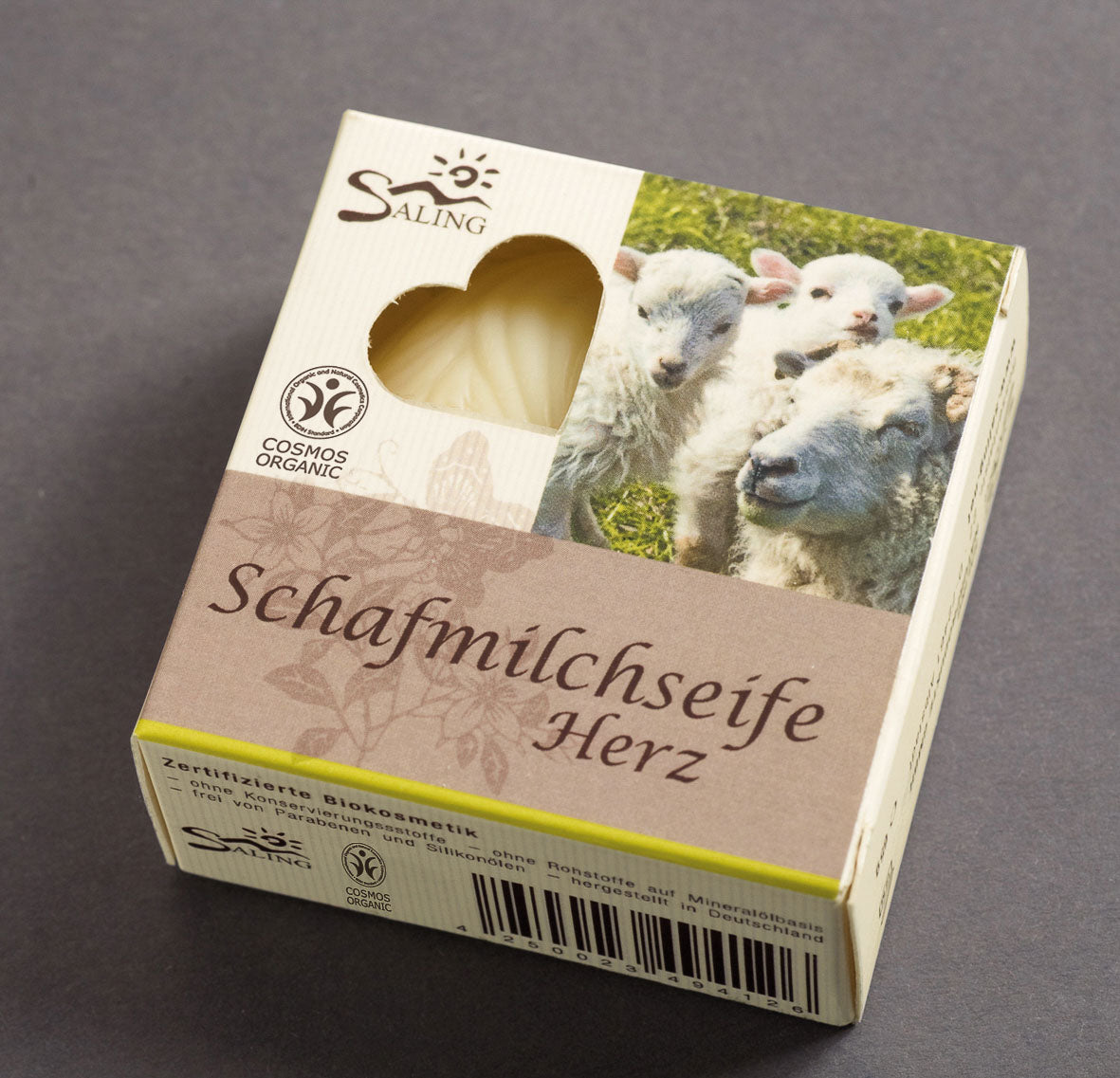 Saling Schafmilchseife Herz in dekorativer Faltschachtel mit Sichtfenster 65 g