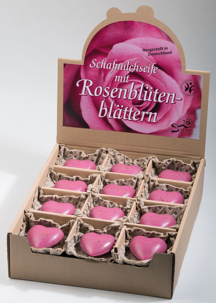 Saling Schafmilchseife "Herz" Rose pink mit Rosenblütenblättern 65 g - Saling