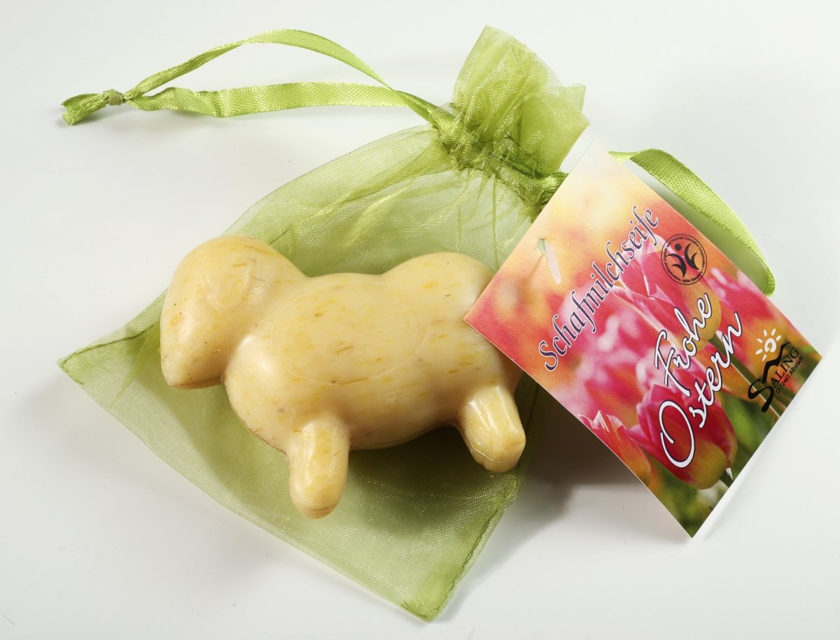 Saling Schafmilchseife Ringelblume im grünen Organzasäckchen "Frohe Ostern" 85 g - Saling