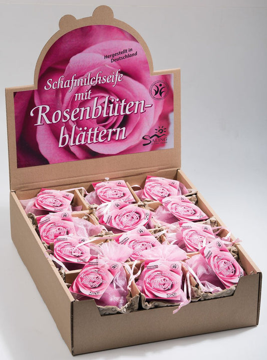 Saling Schafmilchseife Rose pink mit Rosenblütenblättern im Organzasäckchen mit Anhänger 65 g - Saling